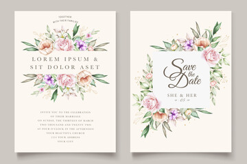 hand drawn roses peony and  wedding invitation card set