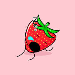 cute strawberry character with sleep expression and mouth open. green and red. suitable for emoticon, logo, mascot and icon