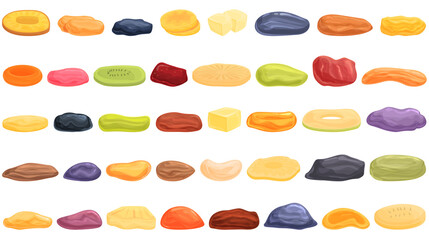 Dried fruits icons set cartoon vector. Apricot fig. Food pineapple