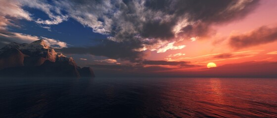 Sea sunset, ocean sunrise, sun over water, island of rocks at sunset in the ocean, 3D rendering - obrazy, fototapety, plakaty