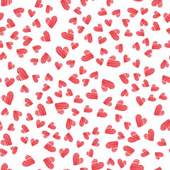 Seamless pattern with hand-drawn red doodle hearts on white background