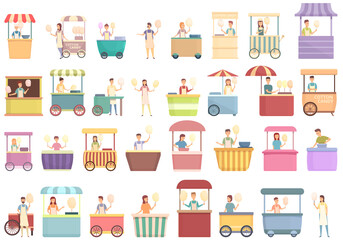 Cotton candy seller icons set cartoon vector. Food carnival. Fast kiosk