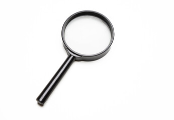 Magnifying glass. Magnify tool isolated, white background. Loupe with black metal frame and handle