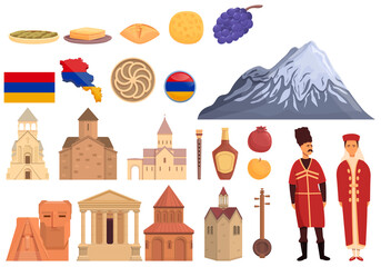 Armenia icons set cartoon vector. Tourism architecture. National city