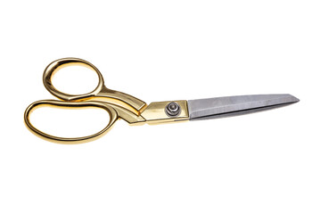 Scissors with golden handle isolated cutout on white background. Tailor, barber tool
