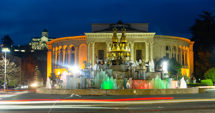 Picturesque night view of Colchis Fountain in Georgian town of Kutaisi
