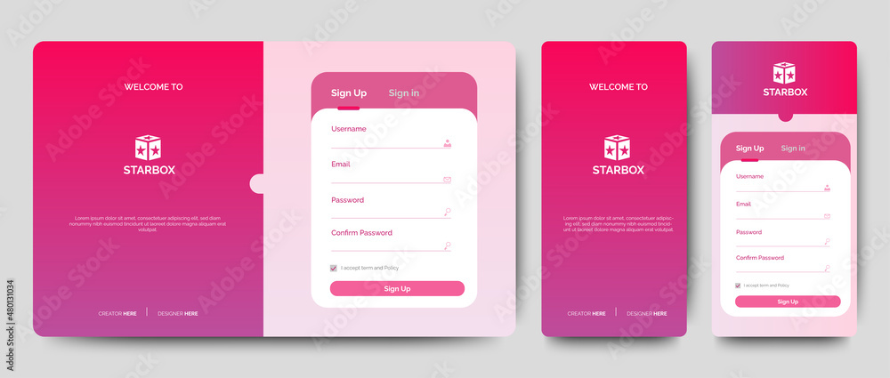 Poster set of sign up and sign in forms. red gradient. mobile registration and login forms page. profession