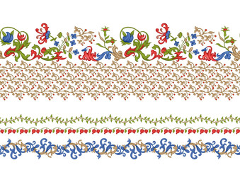 Floral vintage border line seamless pattern. Medieval illuminati manuscript inspiration. Design for wrapping paper, wallpaper, fabrics and fashion clothes. Vector illustration.