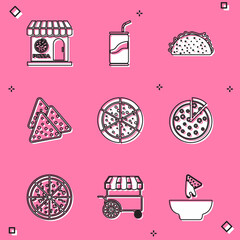 Set Pizzeria building facade, Soda can with drinking straw, Taco tortilla, Nachos, Pizza, and Fast street food cart icon. Vector