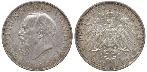 Germany German Bavaria Bavarian silver coin 3 three mark 1914, ruler King Ludwig III, eagle with...