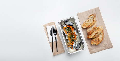 Delicious dish with seafood, ad of delivery service and restaurant, new normal and social distance