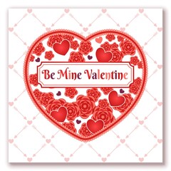 Pre-made Valentines Day greeting card. Valentine with red hearts, roses, small purple hearts, lacy contour, copy space. Vector illustration for 14th of february.