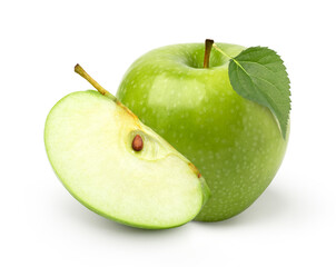 fresh green apple fruit and slices with leaves isolated on white background.
