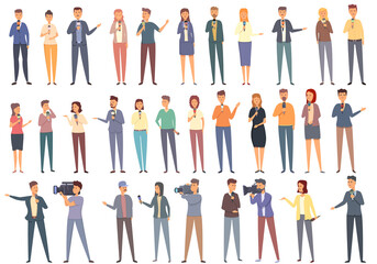 TV reporter icons set cartoon vector. Studio tv. Broadcast shooting