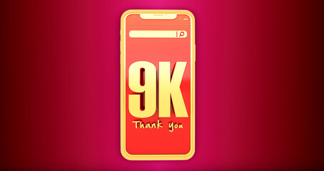 3D render of golden 9k numbers above a smartphone. Thanks 9k social media supporters.