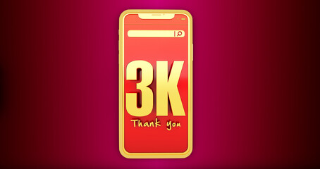 3D render of golden 3k numbers above a smartphone. Thanks 3k social media supporters.