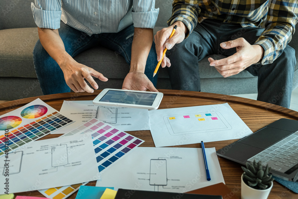 Wall mural professional creative team of web/graphic designer planning, drawing website ux app for mobile phone