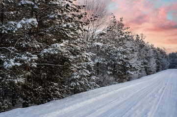 Snowy landscape, rural road in a forest. Snow all over. Winter snow cover the landscape.