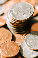 Coins Background in closeup, selective focus