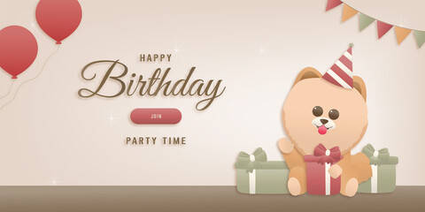 Happy birthday cute dog template design elements for party invitations A brown dog is sitting near a gift box. happy smiling dog Paper And Craft Style Vector Illustration