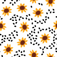 Seamless pattern with sunflowers and seeds. Summer floral background