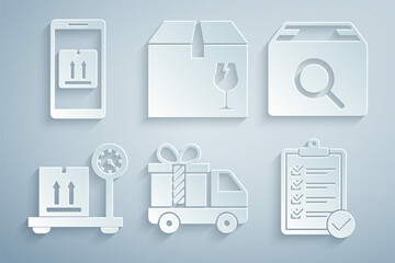 Set Delivery truck with gift, Search package, Scale cardboard box, Verification of delivery list, fragile content and Mobile app tracking icon. Vector