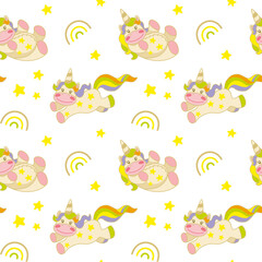 Fototapeta na wymiar Cute unicorn soaring in the sky. Fantasy print for baby products. Seamless pattern. Vector.