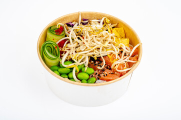 Traditional Hawaiian dish of fresh salmon, rice, vegetables and fruits. Studio Photo