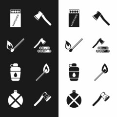 Set Wooden axe and wood, Burning match with fire, Open matchbox matches, Canteen water bottle, and icon. Vector