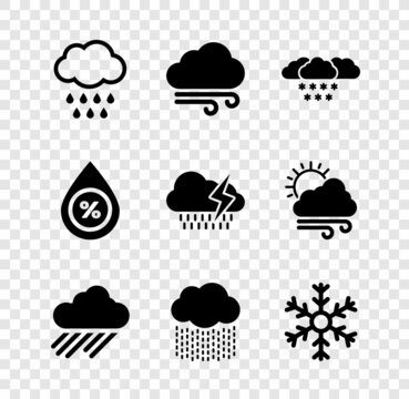Set Cloud with rain, Windy weather, snow, and Snowflake icon. Vector