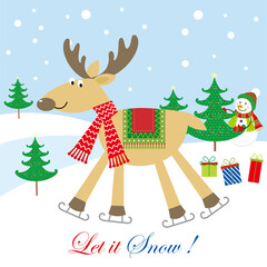 Obraz na płótnie Canvas christmas card with reindeer and snowman