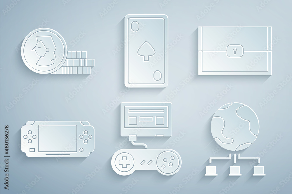 Poster set game console with joystick, chest for game, portable video, computer network, playing card diamo