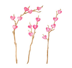 Watercolor Valentine's day decor illustration. Hand painted wood branches with pink hearts isolated on white background. Natural romantic decoration sketch