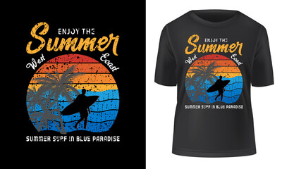 Enjoy the Summer for t shirt print. Palm tree and sunset. Tropical live. Fashion illustration design.