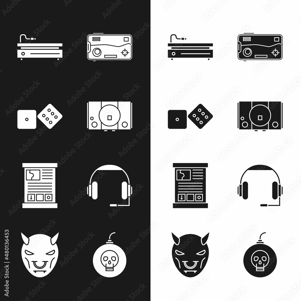 Poster set video game console, game dice, mobile and playing in, guide, headphones, bomb ready to explode a