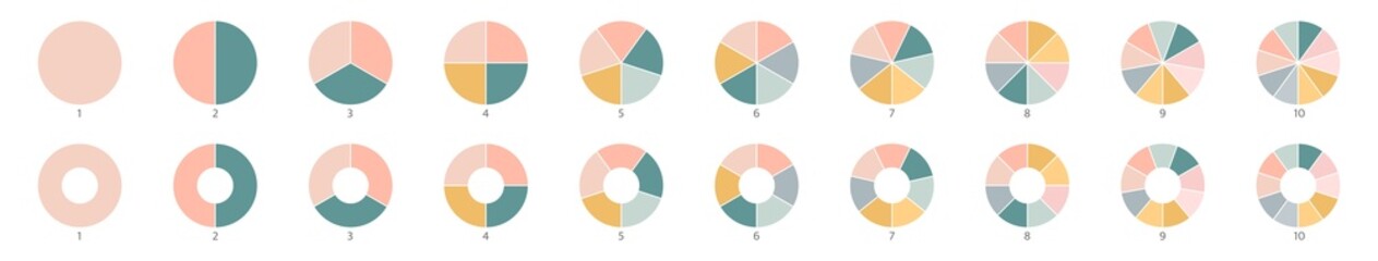 Wheel round diagram part symbol. Pie chart color icons. Segment slice sign. Circle section graph. 10,2,4,5 segment infographic. Three phase, six circular cycle. Geometric element. Vector illustration