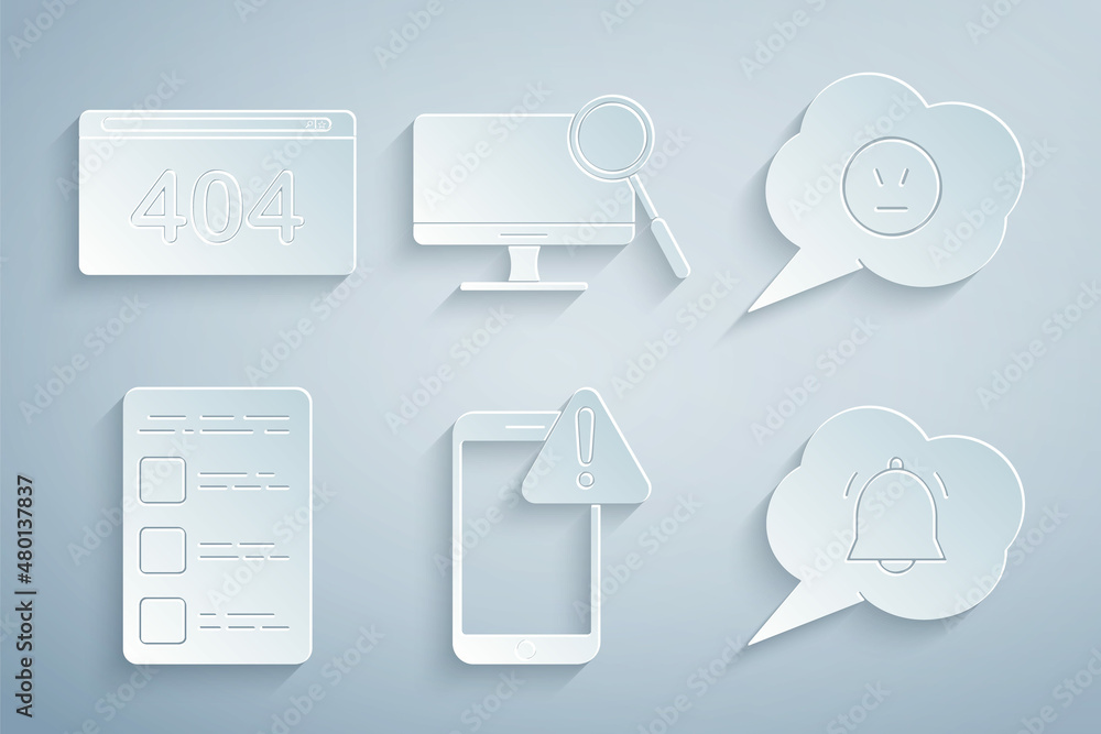 Poster set mobile with exclamation mark, speech bubble angry smile, create account screen mobile, chat noti