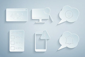 Fototapeta premium Set Mobile with exclamation mark, Speech bubble angry smile, Create account screen mobile, chat notification, Computer monitor diagnostics and Page 404 error icon. Vector