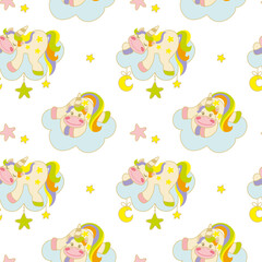 Unicorn sleeping on a cloud. Fantasy print for baby products. Seamless pattern. Vector.