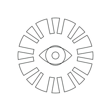 All-seeing eye vector line drawing. Black and white illustration of an eye and a sun. Isolated sign, logo design idea. Esoteric, alchemical amulet. Hypnotize eye icon