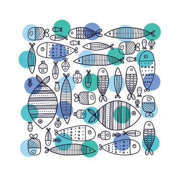 Cute decorative fish and polka dots. Underwater world. Vector illustration.