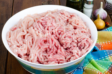 Plate with fresh minced meat, spices for cooking. Studio Photo