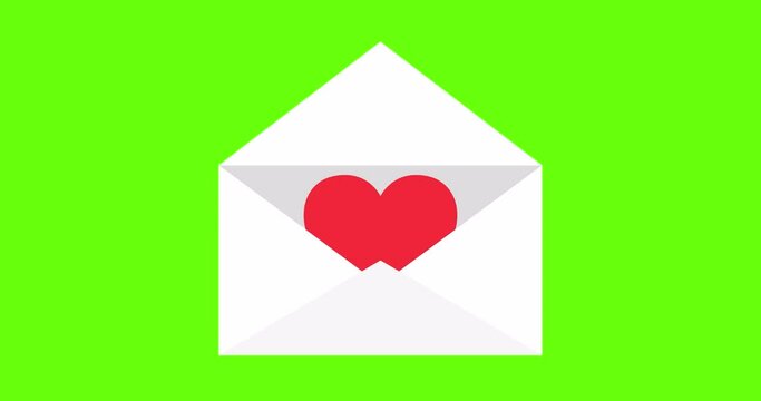 Love message. Red hearts fly out of the envelope. Postcard for Valentine's Day, Birthday, Wedding, Mother's Day or March 8th. Holiday concept. 4K animation. Green screen.