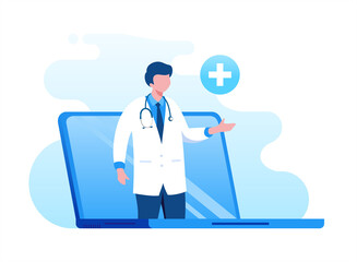 Online doctor virtual consultation with mobile phone technology fast response for emergency patient. flat vector illustration fit for banner, flyer, landing page, etc