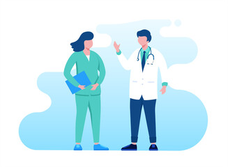 Doctor and nurse standing in conversation. flat vector illustration template