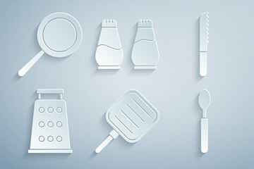 Set Frying pan, Bread knife, Grater, Spoon, Salt and pepper and icon. Vector