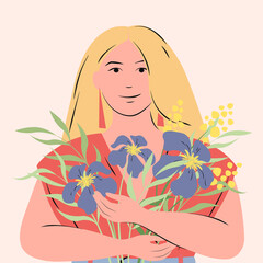 Portrait of a happy European woman with flowers. Stylish modern girl with blond hair  in fashion outfit. Сoncept for the Mother's day, Valentine's day, March 8 women's day. Flat vector illustration
