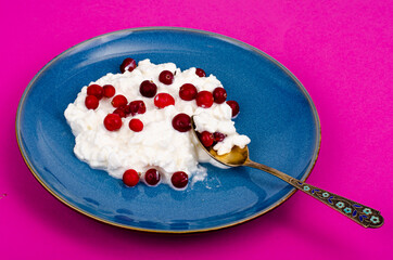 Dairy products. Fresh white homemade cottage cheese on blue plate. Studio Photo