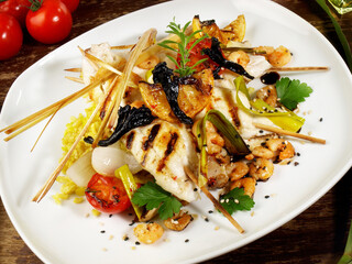 Sole Fish - Flatfish Asian Style with Rice, Shrimps, Mushrooms and Lemon Grass