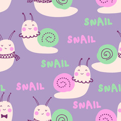Doodle seamless pattern with snails and text. Perfect for T-shirt, greeting card, poster, textile and print. Hand drawn vector illustration for decor and design.
